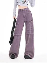 Women's Jeans Yitimoky Purple Cargo Women High Waisted More Than A Pocket Streetwear Spliced Wide Leg Fashion Straight Pants