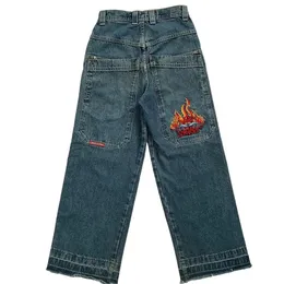 Y2K Retro Goth JNCO Jeans con tasca grande con lettera ricamata dritta Pantaloni a gamba larga e lavati traforati da donna 240104