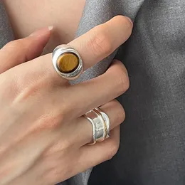 Pierścienie klastra 925 Srebrny otwarty pierścień palec brązowy kamień falisty szeroki punk geometryczny stosowna dla kobiet dziewczyna biżuteria upuszczenie hurtowe