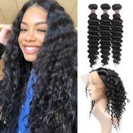 Wefts 8A Brazilian Human Hair Bundles with Closure Deep Wave Hair 360 Lace Frontal With 3 Bundles 100% Unprocessed Virgin Human Hair Ext