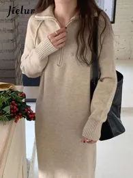 Casual Dresses Vintage Simple Basic Women Dress Autumn Knitted Fashion Woman Apricot Pink Black Slim Long-Sleeved Female