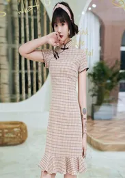 Ethnische Kleidung Chinesischer Stil Frauen Cheongsam Sommer Baumwolle Leinen Tägliches Kleid Plaid Vintage Handgemachter Knopf Fischschwanz Mini Qipao S6534710