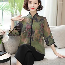 Etniska kläder 2024 Traditionell kinesisk cheongsamskjorta Qipao Top Blue för kvinnor