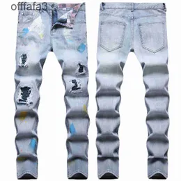 purple jeans mens pant Light blue hole patch locomotive element wrinkle pad hand-painted color paint small straight men