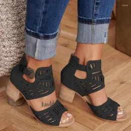 Sandaler Vintage Summer Women Round Toe Ankle Buckle Strap Thick High Hool