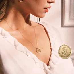 New Fashion Wild Free Round Pendant 14k Gold Necklace For Women Simple Female Long Chain Coin Necklace Rose Flower Collier