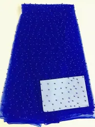 Fabric 5 Yards/pc Top sale royal blue french net lace with beads decoration african mesh lace fabric for party dress RN19