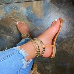 Sandals 2024 Summer Open-toed Outdoor Women's Shoes Plus Size Flat Fashion Solid Color Chain