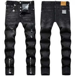 Pantaloni da uomo jeans viola Moda pantaloni neri italiani con gamba doppia cerniera con vernice decorativa pendente elastico da uomo