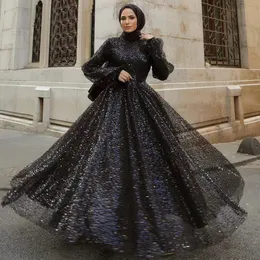 Abiti da sera musulmani con paillettes neri glitterati per le donne Hijab lunghezza del pavimento collo alto abito da ballo maniche lunghe arabo islamico abiti per occasioni speciali 2024