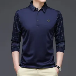 Moda negócios listra impressão polo camisa outono manga longa camiseta linha padrão topo casual masculino roupas de tamanho grande 240104