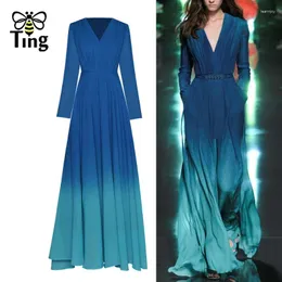 Casual Dresses Tingfly 2024 Runway Designer Gradient Color Long Party Dinner Night Women V Neck A Line Longa Vestidos Elbise Robes