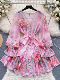 Casual Dresses 2024 Spring Summer Gorgeous Flower Chiffon Dress Women's V Neck Long Petal Sleeve Buttons Floral Print Lace Up Belt Mini