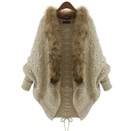 Kvinnor Cardigan tröja tjock Poncho Capes Autumn Winter Femme Sticked Bat Sleeve Päls krage ull stickad lång 240104