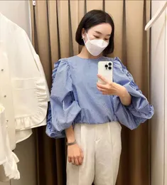 Chemisier à carreaux pour femmes, manchette élastique, chemise bleue de banlieue, blogueur japonais, haut droit à la mode, automne 2024