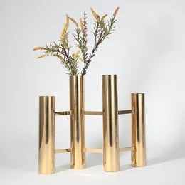 Vases In Stock Decorative Stainless Steel Metal Vase Unique Golden Tube Design Modern Flower For Home Decoration