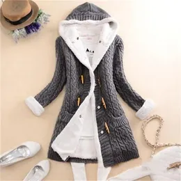 Women Casual Knit Ox Horn Button Coat Long Sleeve Sweater Cashmere Thick Warm Hooded Cardigan Solid Comfy Knitwear 240104