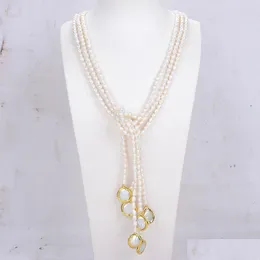 Colares frisados Guaiguai Jóias 3 Fios Natural Ctured Arroz Branco Pérola Lariat Long Sweater Chain Colar Feito à Mão para Mulheres Real Dhpaa