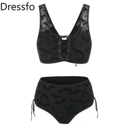 Wear Dressfo Gothic Bikini Set Swimsuit Bat Crescent Star Print Bathing Suit Tankini Cinched Mesh Lace Up Cut Out Swimwear 2023 Women