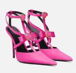 Zarif marka Gianni şerit kafes sandaletler ayakkabı saten kadınlar yüksek topuklu yay düğmeleri sivri uçlu pompalar zarif slingback günlük eu35-43 kutu ile