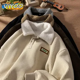 Men's Y2K Plus Velvet Corduroy Winter Polo Shirts Quality Down Coat For Men Korean Autumn Clothes Style Sportswear Sweatshirts 240103