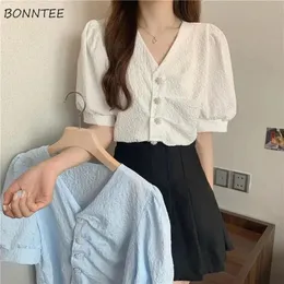 Camisas Camisas de manga abombada Mujer Sólido Elegante Dulce Preppy Vneck Moda encantadora Ocio coreano Mujeres Tops de verano Ropa Vintage Nuevo