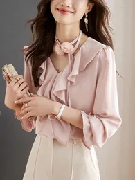 Women's Blouses Pink Solid Blouse Women Tops 2024 Spring Korean V-Neck Appliques Ruffles Chic Shirt Lace Up Fashion Casual Classic Shirts
