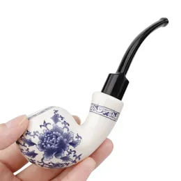 RU MuXiang Pipa per tabacco in porcellana blu e bianca Pipa per tabacco da 9 mm con elemento filtrante Portapipa in ceramica stile cinese 240104