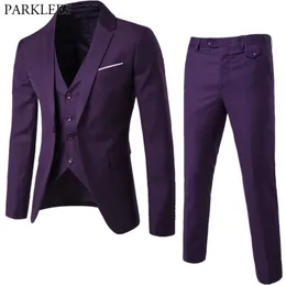 3PC Men Purple Sitor Merietpantsvest Marka Slim Fit Eleganckie garnitury z spodniami Męskie Busiens Busiens Tuxedo Suits Theros S-6xl 240104