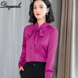 Shirts Dingaozlz solid color chiffon blouse korean fashion long sleeve bow chiffon blouse women clothing casual tops plus size