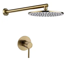真鍮製の降雨シャワーセットブラシの金または黒い壁に取り付けられたバスルームシャワーヘッドとコールドミキシングシャワータップ160288901564