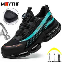 Homens botão rotativo tênis de trabalho sapatos de dedo do pé de aço botas de segurança trabalho indestrutível moda protetora 240105