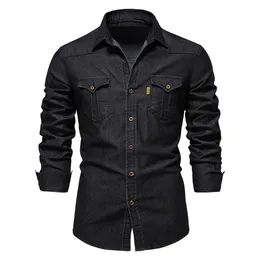 AIOPESON Brand Elastic Cotton Denim Shirt Men Long Sleeve Quality Cowboy Shirts for Casual Slim Fit Mens Designer Clothing 240104