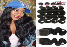 Braziliaans Body Wave-haar met 44 sluiting Onverwerkte Peruaanse Indiase maagdelijke menselijke haarweave Maleisische Body Wave 34 bundels met8890273