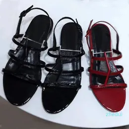 Sommer Strand Sandale Designer Schuhe Römische Dame Sandalen Mode Leder Damen Flache Schuh Loafers Metallknopf Sexy Bankett Frauen Schuhe Große Größe 35-41 US4 = US10