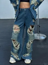 Jeans women's hole cavo out pantaloni in denim per donne in alto in vita in alto patchwork tasche streetwear gamba larga femmina