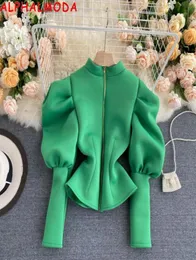 Alphalmoda New Syng Puff Sleeve Zipper Cardigans Women Trendy Bubble Sleeve Slim Fit