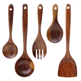 Japanese Spoon Teakwood Wooden Tableware Soup Spoon Frying Rice Seasoning Spoons Long Handle Colander Pot Spoons LL