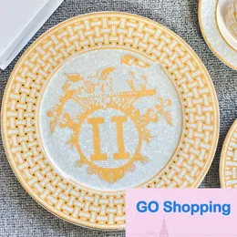 Quatily Top European Golden Rim Bone China Western Food/Steak Plate Ornaments Model Room Countertop Household Ceramic Dishes All-Matching