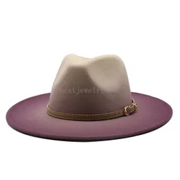 İki renkli fedora şapkası kadın erkekler geniş kısırtı hissetti caz şapka bayanlar parti üst kapağı patchwork chapeau sombreros de mujer