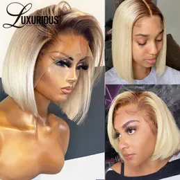 4/613 Short Bob Wig Lace Front Human Hair Wigs Preplucked Hairline Ombre Blonde 13x4 Lace Frontal Wig Transparent Lace Synthetic Heat Resistant