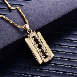 Punk Razor Blade Pendants Necklaces Golden Color 14K White Gold Chain Barber Shop Necklace for Men Jewelry