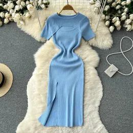 YuooMuoo Women Dress Fashion Summer High Split Knitted Dress Sexy Cut Out Chest Wrap Hips Robe Bodycon Party Vestidos 240104