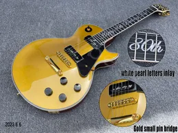 Guitarra elétrica Gold Top P90 Black Soap Shape Pickups Brown Back Gold PartsLetters White Pearl Inlay