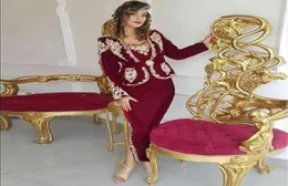 Karakou Algerien Бордовые вечерние платья с баской 2021 года с длинным рукавом и золотой аппликацией, сексуальное платье для выпускного вечера длиной до щиколотки с разрезом5988272