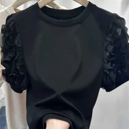 T-shirt Femme T-shirt en coton à manches courtes pour femmes été français bulle manches florales noir décontracté hauts amples T-shirt surdimensionné L240104