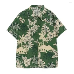 Camisas casuais masculinas com bolso superior solto ajuste respirável verão floral folhas estampa camisa havaiana