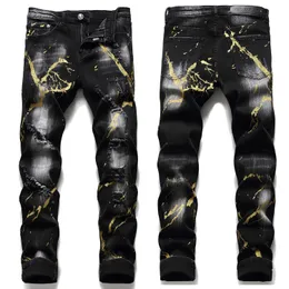 Calça jeans rasgada com estampa de grafite masculina de luxo leve, jeans preto com arranhões, lavagem branca, calças jeans elásticas, jeans casuais; 240104