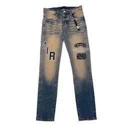 USA Fashion Herren-Denim-Hose mit Handtuch-Stickerei und Löchern, ideal für lässige Vintage-Jeans-Hosen im verwaschenen Stil, 23FW 0105