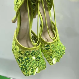 Nuovi sandali da donna estivi in maglia di cristallo in vera pelle con punta quadrata, sandali con tacco a spillo alla moda con diamanti